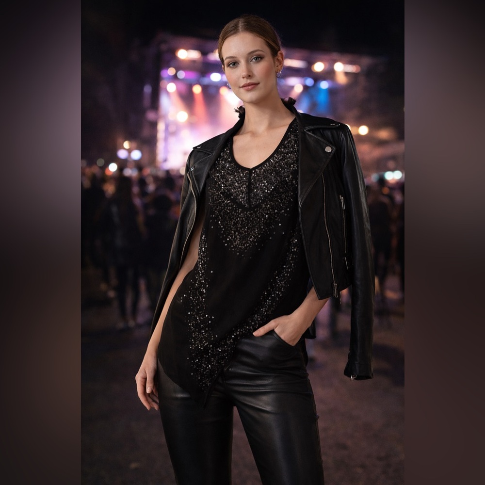 AllSaints Black Sequin Embellished Sheer Whimsigoth Party Concert Tank Size 10